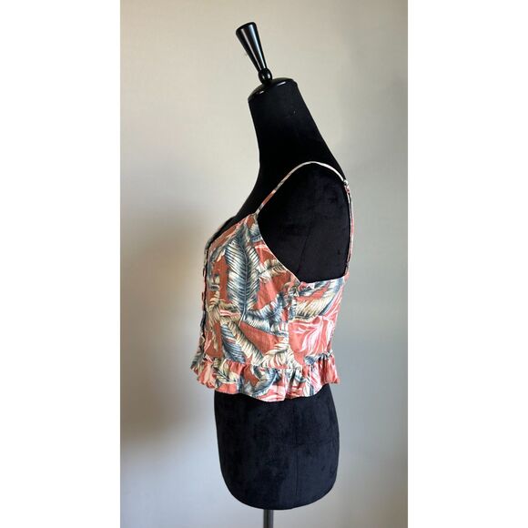 LOFT Women's Tropical Leaf Print Linen Blend Ruffle Button Front Cropped Top 6 - Picture 3 of 8